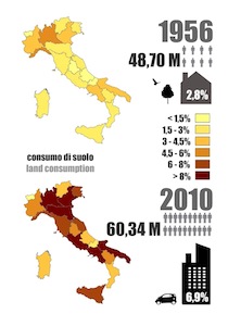 Il consumo di suolo in Italia dal 1956 al 2010 (fonte Ispra in M. Carta, 2013).
